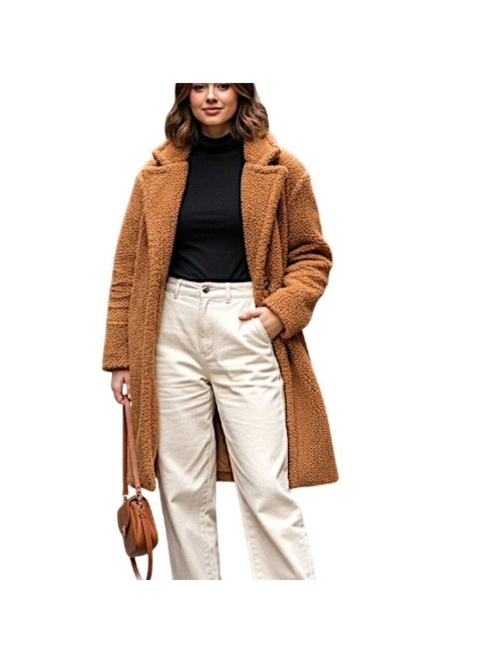 Lucy Paris warm chestnut brown boxy mid length lined teddy coat M